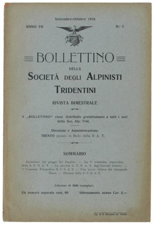 BOLLETTINO DELLA SOCIETA' DEGLI ALPINISTI TRIDENTINI. Anno VII - N. 5, Settembre-ottobre 1910 - copertina