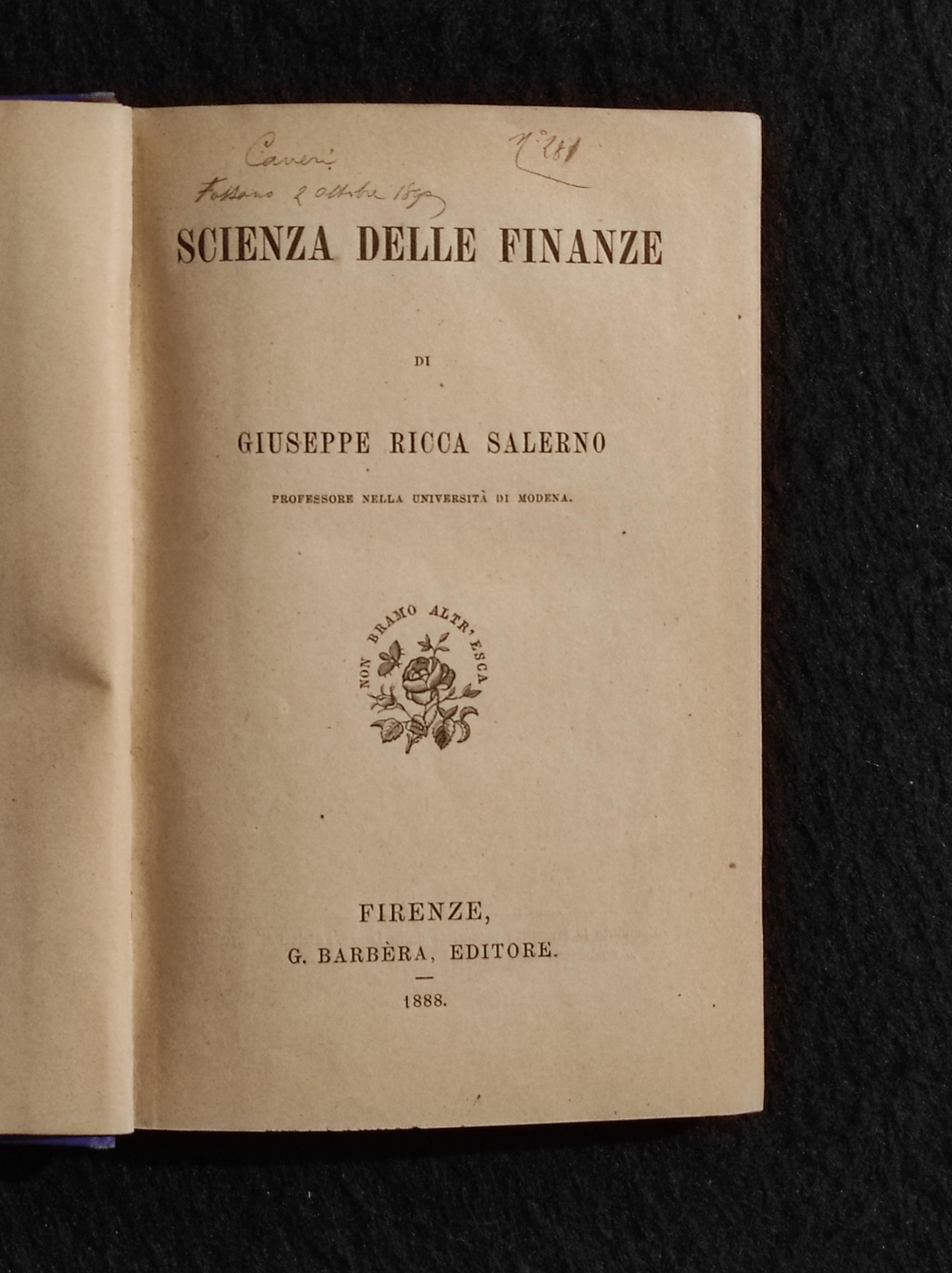 Scienza delle Finanze - G. Ricca Salerno - Manuali Barbèra - 1888