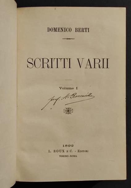 Scritti Vari - D. Berti - Ed. L. Roux - 1892 - 2 Vol in 1 - Domenico Berti - copertina