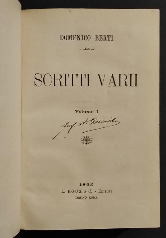 Scritti Vari - D. Berti - Ed. L. Roux - 1892 - 2 Vol in 1 - Domenico Berti - copertina