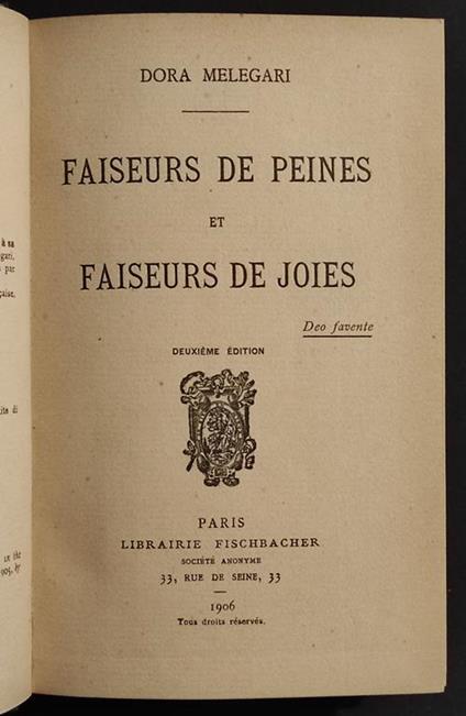 Faiseurs de Peines et Faiseurs de Joies - D. Melegari - Ed. Fischbacher - 1906 - copertina