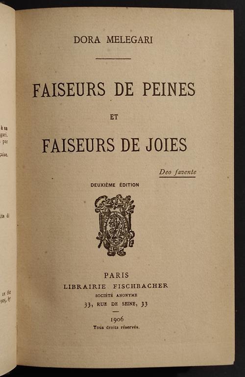 Faiseurs de Peines et Faiseurs de Joies - D. Melegari - Ed. Fischbacher - 1906 - copertina