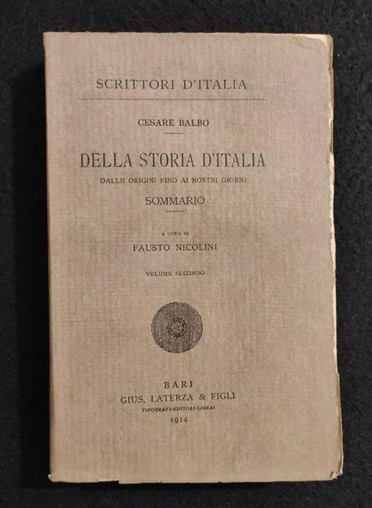 Scrittori d'Italia - Della Storia d'Italia - Balbo - Laterza - 1914 - Vol II - Cesare Balbo - copertina