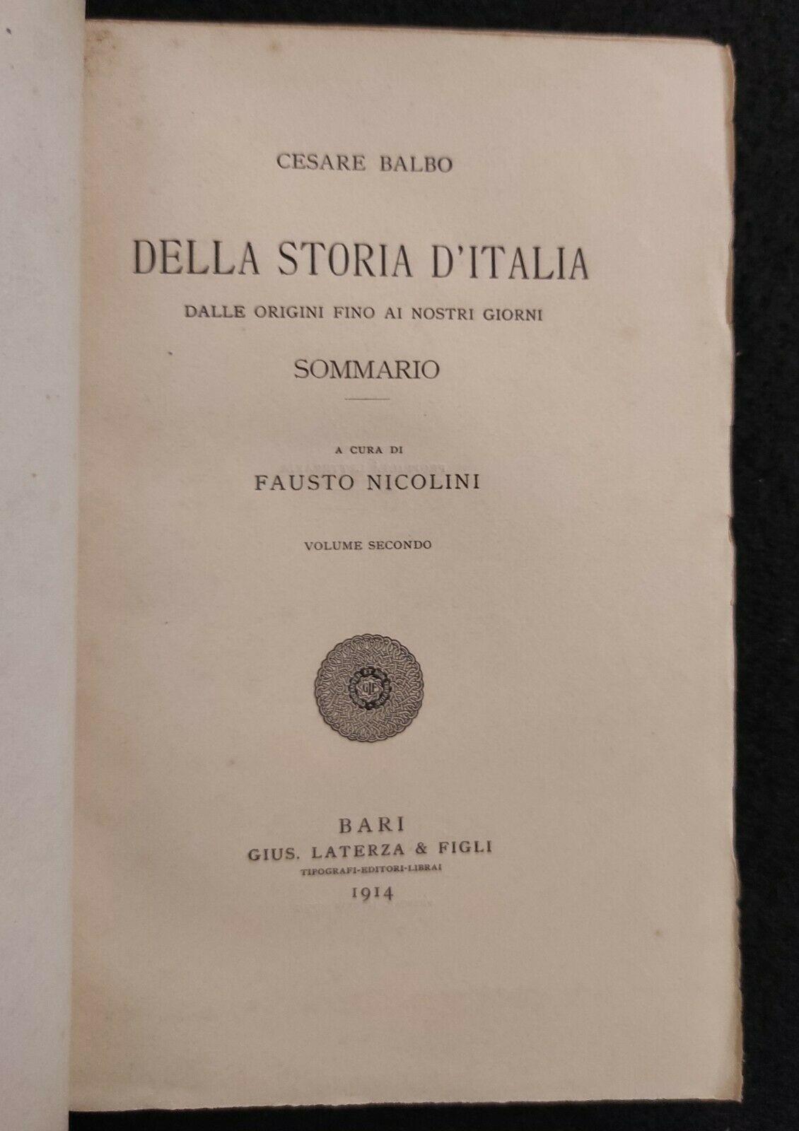 Scrittori d'Italia - Della Storia d'Italia - Balbo - Laterza - 1914 - Vol II