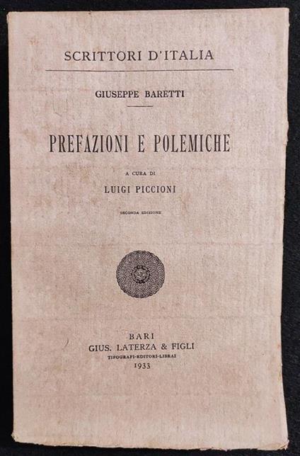 Scrittori d'Italia - Prefazioni e Polemiche - Baretti - Laterza - 1933 - Giuseppe Baretti - copertina