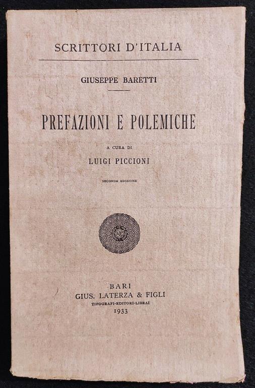 Scrittori d'Italia - Prefazioni e Polemiche - Baretti - Laterza - 1933 - Giuseppe Baretti - copertina