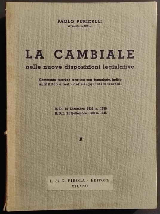 La Cambiale - P. Puricelli - Ed. G. Pirola - 1933 - copertina