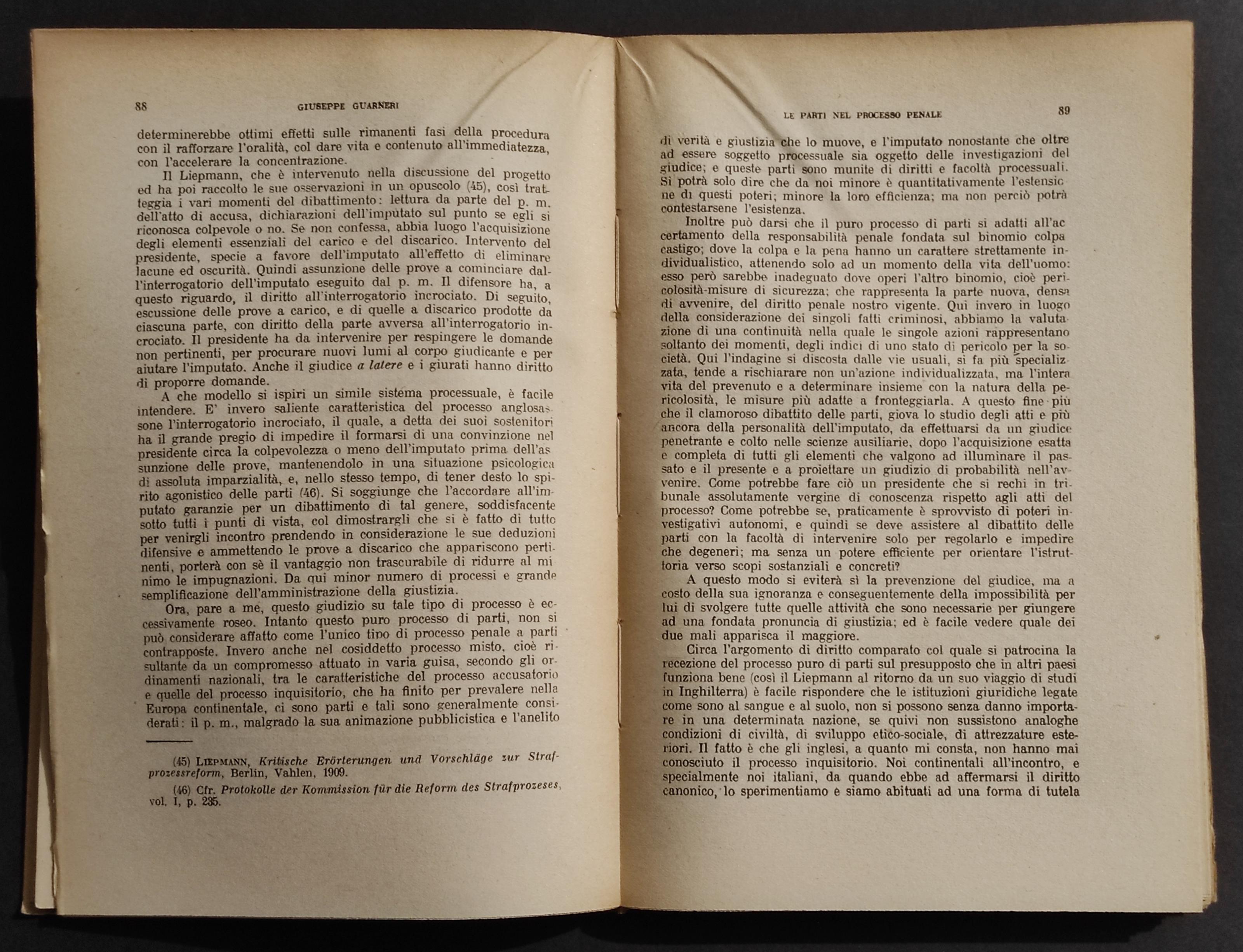 Le Parti nel Processo Penale - G. Guarneri - Ed. F.lli Bocca - 1949