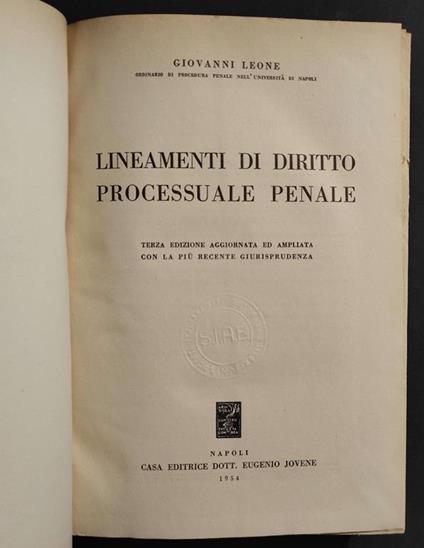 Lineamenti di Diritto Processuale Penale - G. Leone - Ed. Jovene - 1954 - Giovanni Leone - copertina