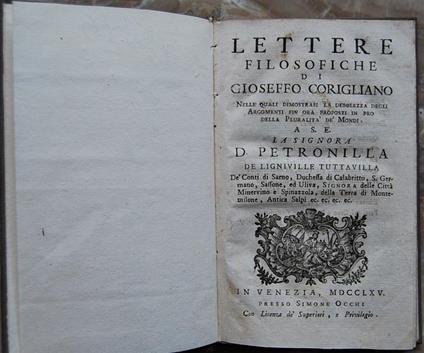 Lettere Filosofiche Di Gioseffo Corigliano. Nelle Quali Dimostrasi La Debolezza Degli Argomenti Fino Ora Proposti In Pro Della Pluralità Dei Mondi - copertina