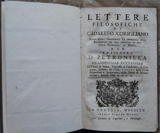 Lettere Filosofiche Di Gioseffo Corigliano. Nelle Quali Dimostrasi La Debolezza Degli Argomenti Fino Ora Proposti In Pro Della Pluralità Dei Mondi - copertina