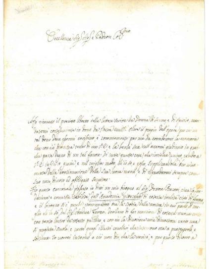 Lettera manoscritta di 32 righe e firma autografa. "... si è perchè stampandosi ora la storia della nostra (Storia dell'Accademia Clementina) in cui parlo il meglio ch'io so del Signor Andrea Ferreri". Bologna 29 luglio 1739 - Giampietro Zanotti - copertina