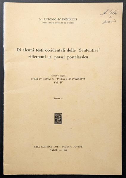 Di alcuni testi occidentali delle "Sententiae" riflettenti la prassi postclassica - Antonio De Dominicis - copertina
