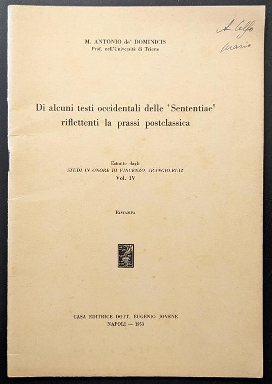 Di alcuni testi occidentali delle "Sententiae" riflettenti la prassi postclassica - Antonio De Dominicis - copertina