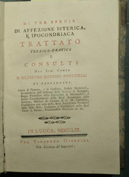 Di tre specie di affezione isterica e ipocondriaca - copertina