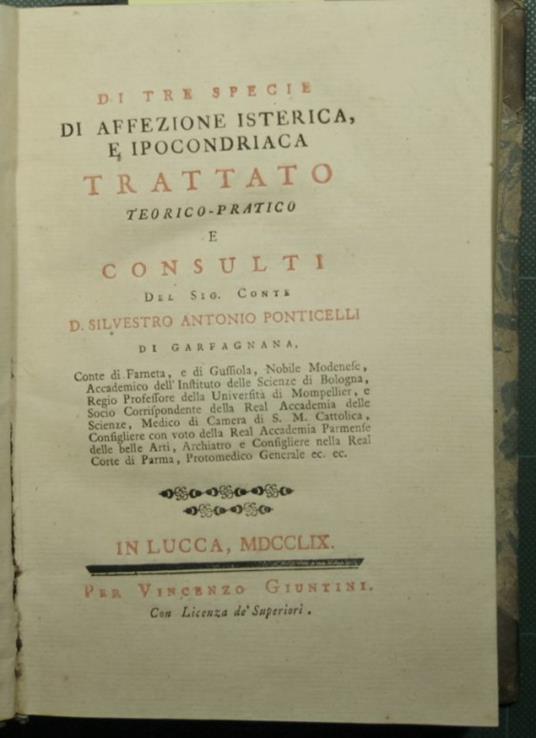 Di tre specie di affezione isterica e ipocondriaca - copertina