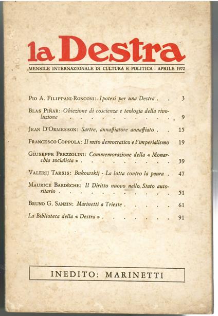 La Destra. MENSILE INTERNAZIONALE DI CULTURA E POLITICA - APRILE 1972 - copertina
