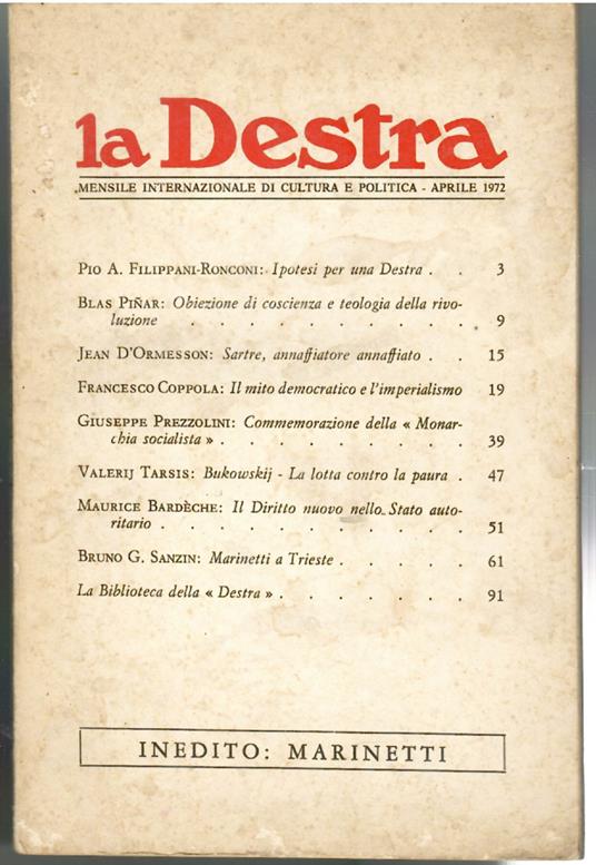 La Destra. MENSILE INTERNAZIONALE DI CULTURA E POLITICA - APRILE 1972 - copertina