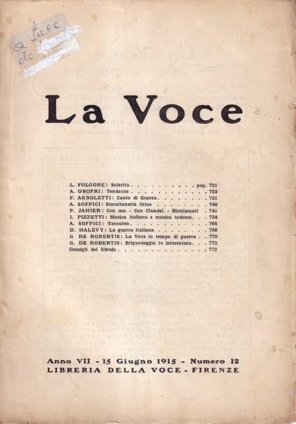 La Voce - Anno VII, 15 giugno 1915, n. 12 - copertina