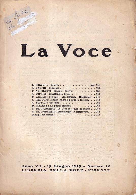 La Voce - Anno VII, 15 giugno 1915, n. 12 - copertina
