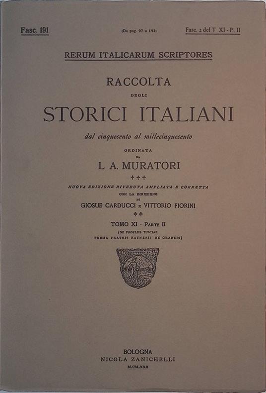 Rerum Italicarum Scriptores. Raccolta degli storici italiani dal Cinquecento al Millecinquecento. Tomo XI, parte II, Fasc. 191 - copertina