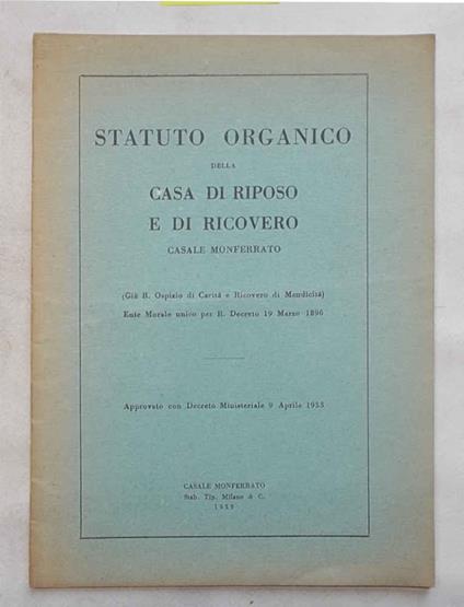 Statuto organico della casa di riposo e di ricovero Casale Monferrato - copertina