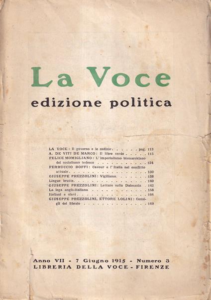 La Voce. Edizione politica - anno VII, n. 3, 7 giugno 1915 - copertina