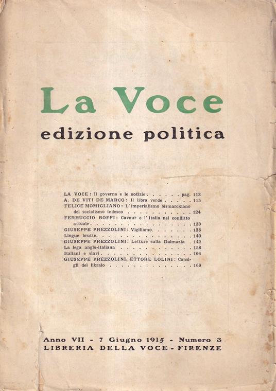 La Voce. Edizione politica - anno VII, n. 3, 7 giugno 1915 - copertina