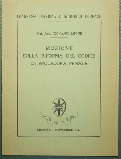 Mozione sulla riforma del codice di procedura penale - Giovanni Leone - copertina