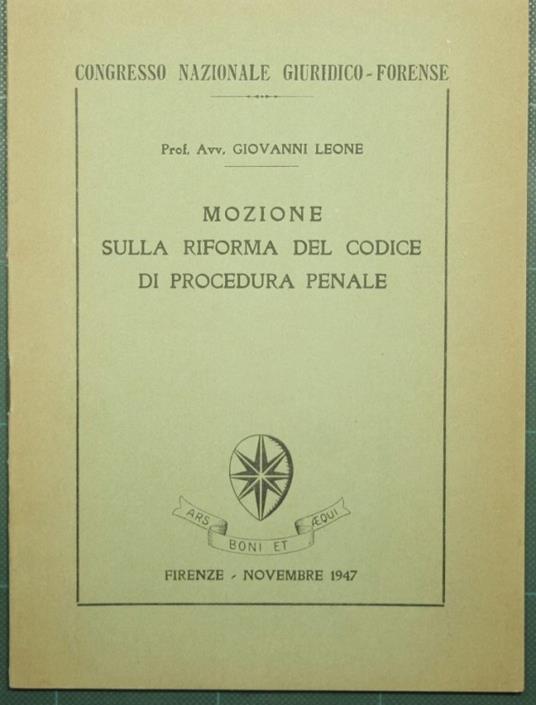 Mozione sulla riforma del codice di procedura penale - Giovanni Leone - copertina