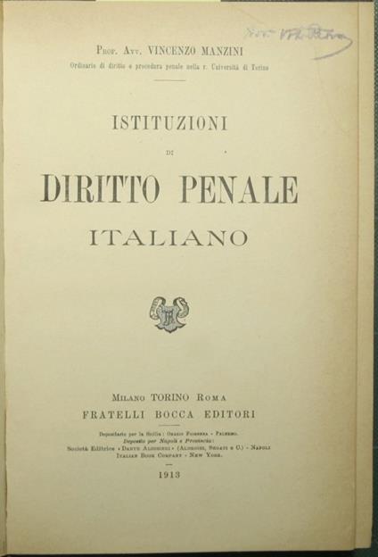 Istituzioni di diritto penale italiano - Vincenzo Manzini - copertina