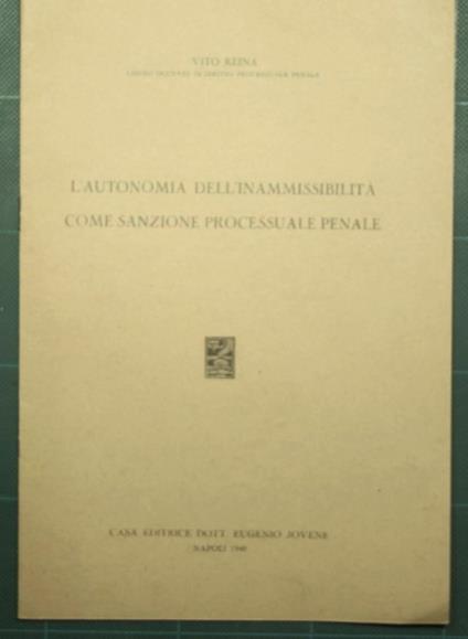 L' autonomia dell'inammissibilità come sanzione processuale penale - Vito Reina - copertina