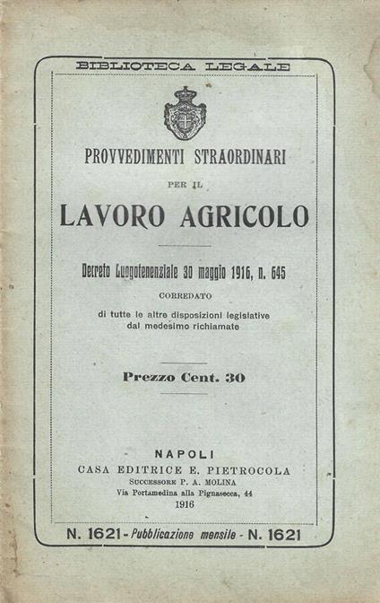 Provvedimenti straordinari per il lavoro agricolo - copertina