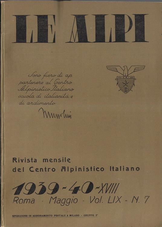 Le alpi Vol. LIX n. 7 1939-40 - copertina