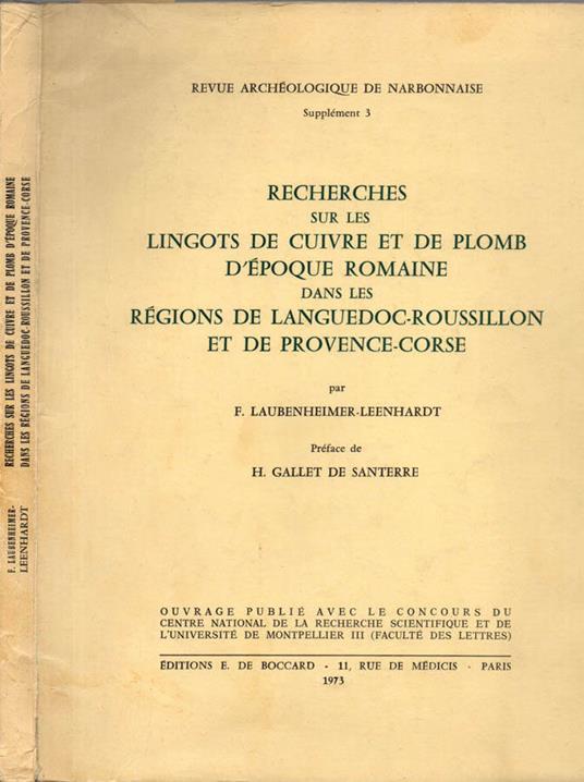 Recherches sur les lingots de cuivre er de plomb d'epoque romaine dans les regions de languedoc-roussillon ed de provence-corse - copertina