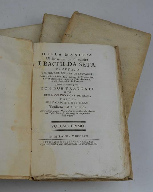 Della maniera di far nascere, e di nutrire i bachi da seta… Diviso in quattro parti, con due trattati uno della Coltivazione de' Gelsi, l'altro sull'origina del mele… - copertina