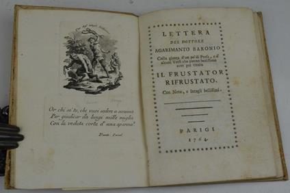 Lettera del dottore Agarimanto Baronio Colla giunta d'un po' di Prosa, e d'alcuni Versi che ponno benissimo aver per titolo Il frustator rifrustato. Con note e intagli bellissimi - Anton Maria Borga - copertina
