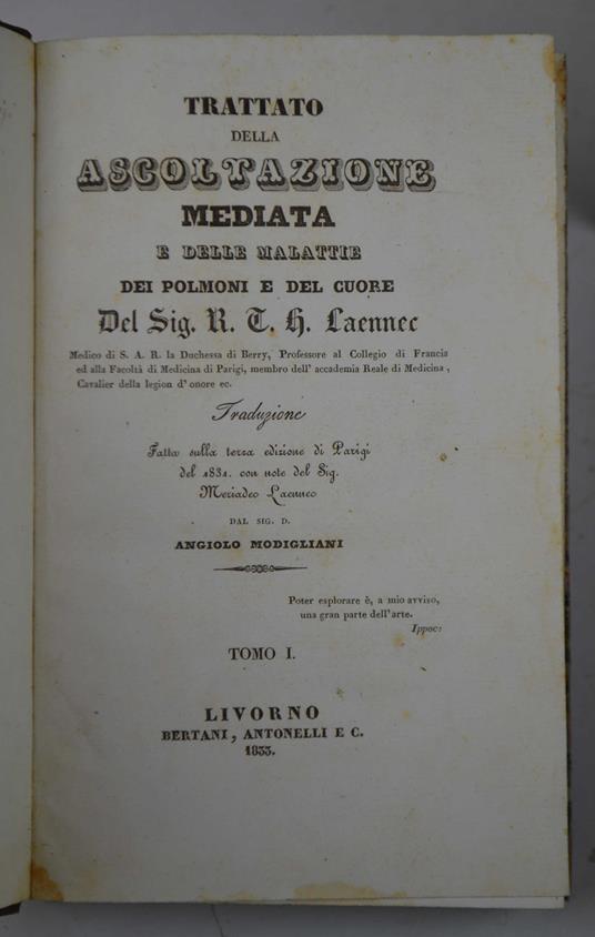 Trattato della ascoltazione mediata e delle malattie dei polmoni e del cuore.. - copertina
