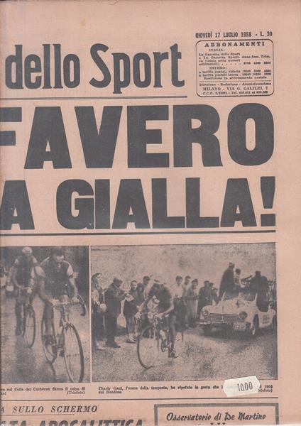 Gazzetta Dello Sport Tour De France 1958 Lotto 17 Numeri Favero - copertina