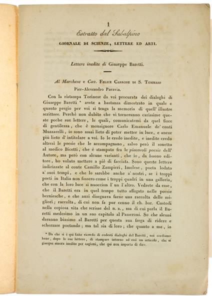 Lettere Inedite Di Giuseppe Baretti. - Baretti Giuseppe. - Stamperia Ghiringhello - 1836 - Giuseppe Baretti - copertina