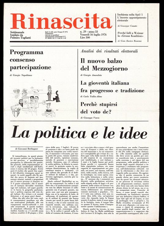 Rinascita Anno 33 n. 29 - Palmiro Togliatti - copertina