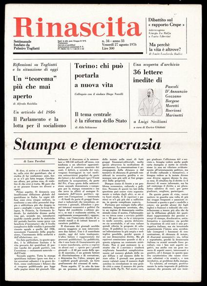 Rinascita Anno 33 n. 34 - Palmiro Togliatti - copertina