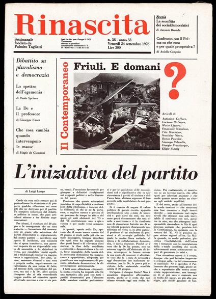 Rinascita Anno 33 n. 38 - Palmiro Togliatti - copertina