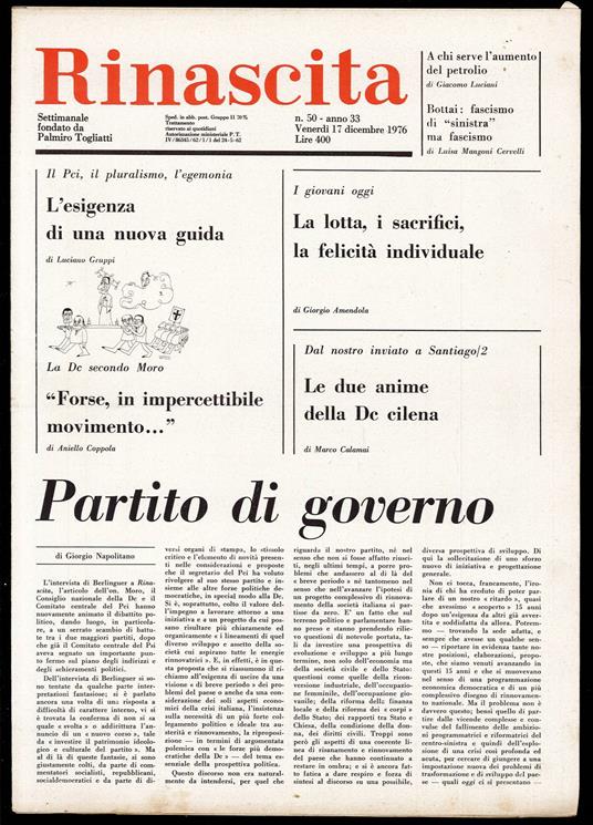 Rinascita Anno 33 n. 50 - Palmiro Togliatti - copertina