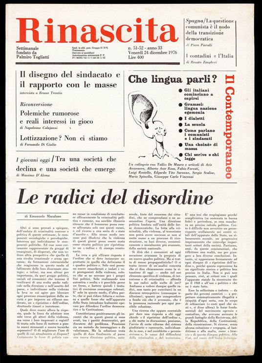 Rinascita Anno 33 n. 51 - Palmiro Togliatti - copertina