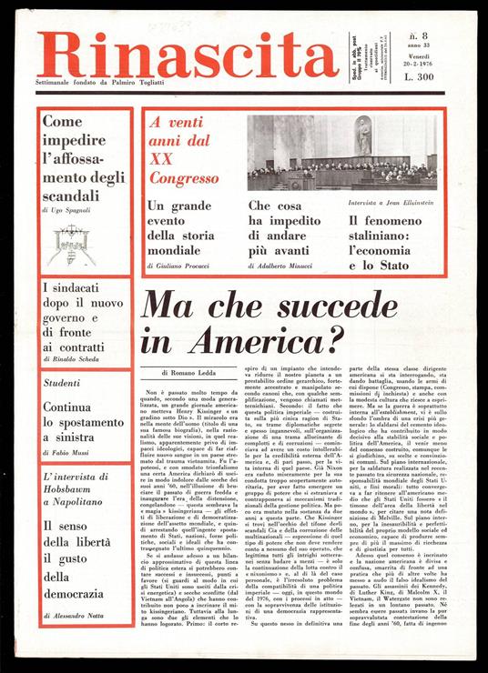 Rinascita Anno 33 n. 8 - Palmiro Togliatti - copertina