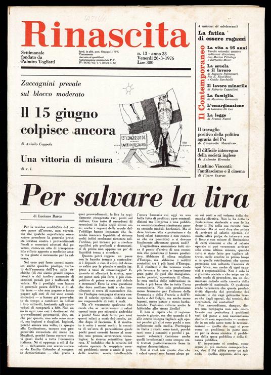 Rinascita Anno 33 n. 13 - Palmiro Togliatti - copertina