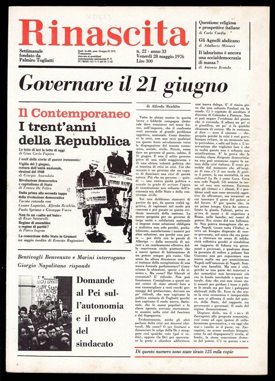 Rinascita Anno 33 n. 22 - Palmiro Togliatti - copertina