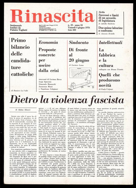 Rinascita Anno 33 n. 23 - Palmiro Togliatti - copertina