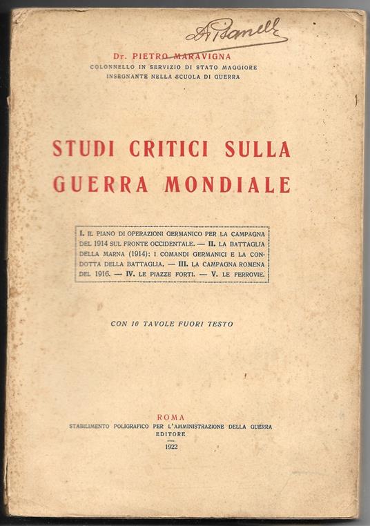 Studi critici sulla Guerra Mondiale - Pietro Maravigna - copertina